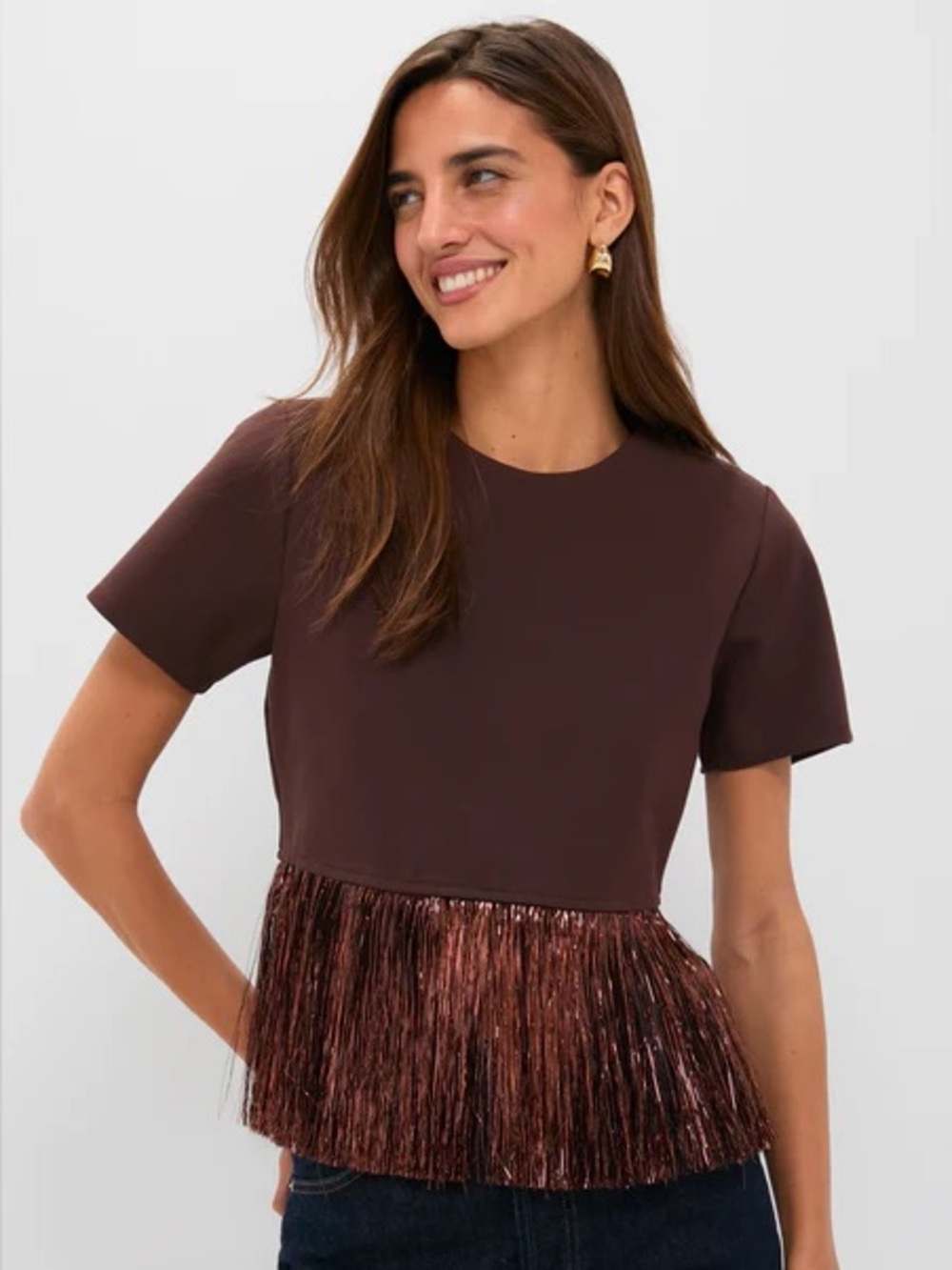 NWT Hyacinth House Bronze Metallic Fringe Francie Short Sleeve Blouse